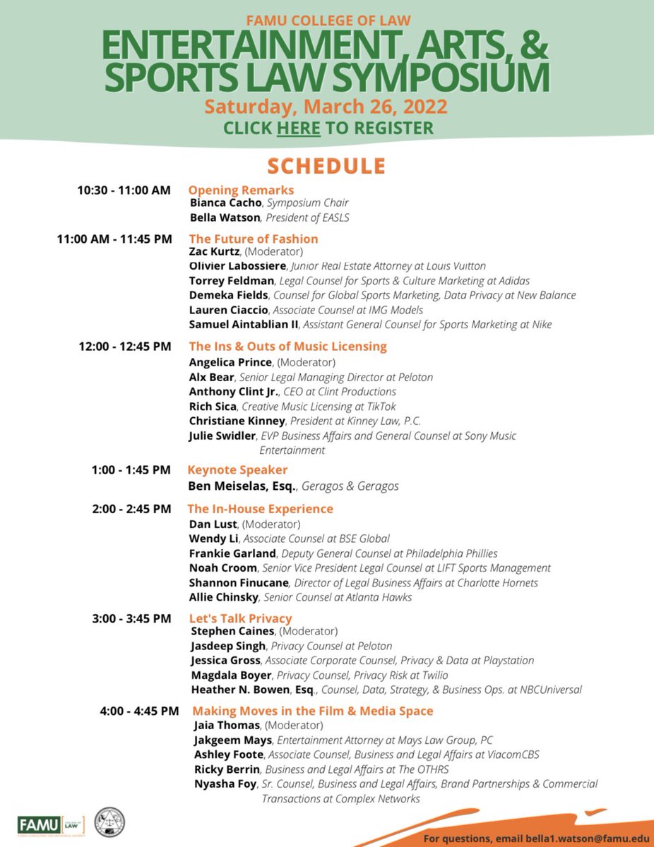 The week is here! In 5 days, FAMU College of Law EASLS will be hosting an event we are incredibly proud of! Thank you to all of the moderators and panelists that have agreed to join us this weekend! Please register if you plan on attending! 

eventbrite.com/e/famu-college…