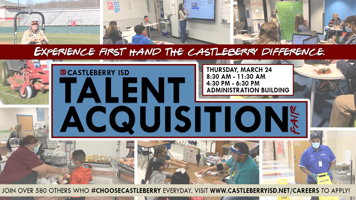 CastleberryISD's tweet photo. Happening THIS Thurs. 3/24: #CastleberryISD's Talent Acquisition Fair! Learn why over 580 employees #ChooseCastleberry everyday. AM and PM sessions + interviews! 

🌐 https://t.co/xYOXBpglnR

#fortworthjobs #dfwjobs #NowHiringDFW #dfwteachers #TeachinTexas #TexasTeachers https://t.co/PX8JDM2isV