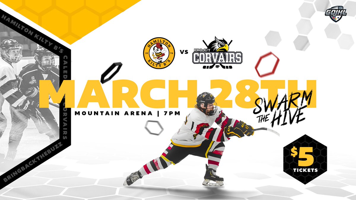 Final home game of the season!

Swarm the hive #HamONT

🎟️$5 Tickets
🍺$5 Tall Boys
🆚<a href="/ProFitCorvairs/">Caledonia Corvairs</a>

#BringBackTheBuzz | #GOJHL