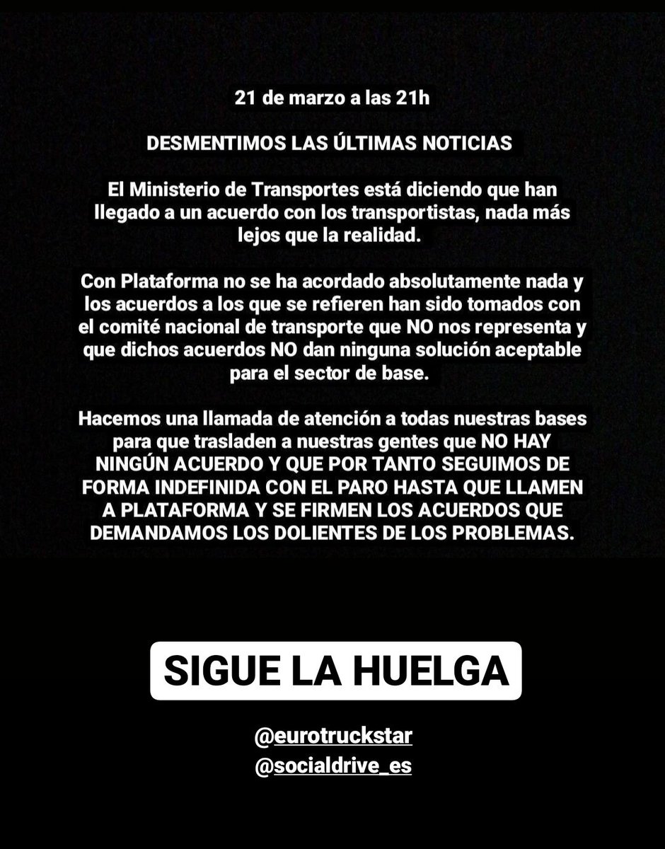 SocialDrive_es's tweet photo. CONTINÚA LA HUELGA

#HuelgaTransporte https://t.co/khlyvTuBG6