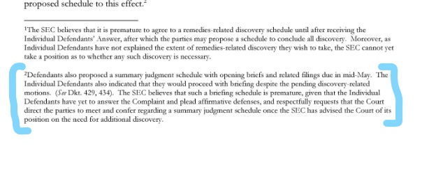 attorneyjeremy1's tweet photo. The SEC is requesting an extension (of course), but look at Footnote #2.  👀👀👀

Ripple is suggesting that initial Summary Judgment briefs be filed by May.  The SEC is of course saying that's too soon. 

BUT, the end game is in sight. https://t.co/IB8dK9NzuD