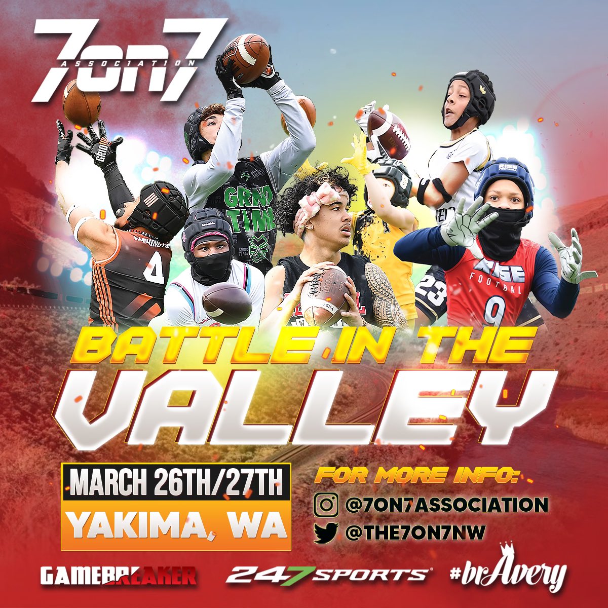 The7on7NW's tweet photo. The @7on7association presents the 2022 Battle in the Valley tournament in Yakima, WA coming up this weekend, March 26/27 in Yakima, WA.
-
Reminder:

Pool play won’t start until 3 PM or later on Saturday! Good luck to all teams! 
-
-
#AssociationVSEverybody #BattleInTheValley 🏈🏈 https://t.co/EBdlkGG9cn