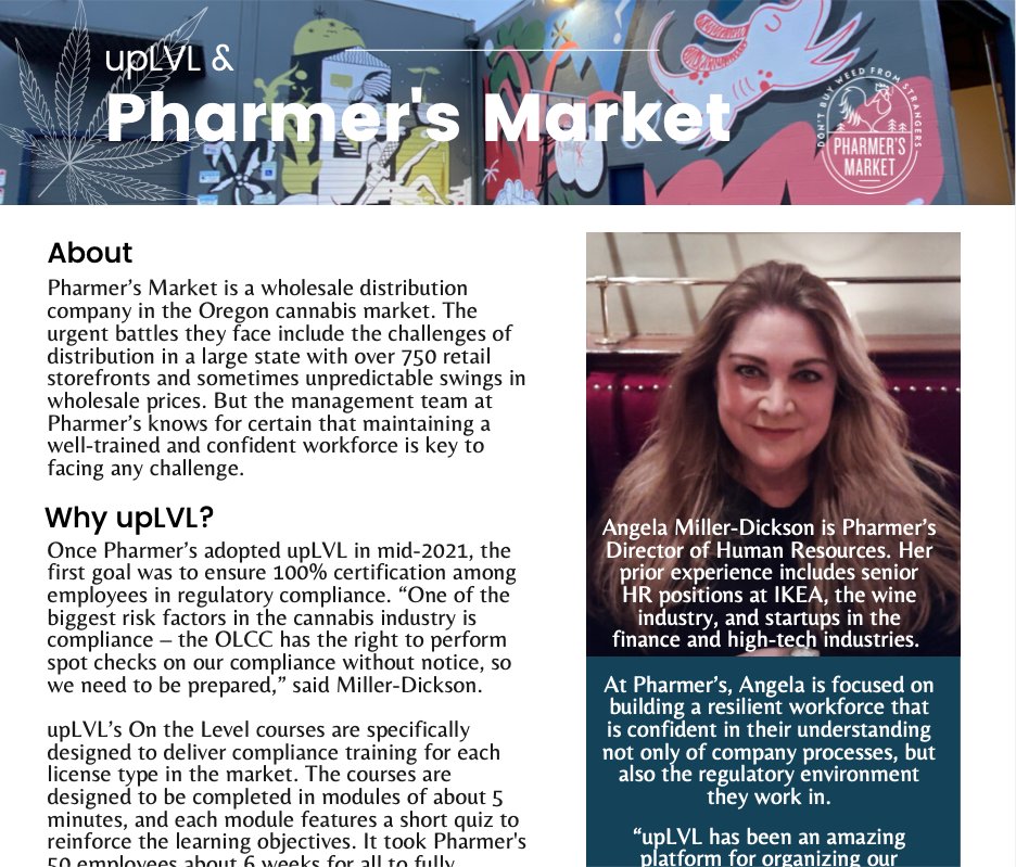 upLVL &amp; Pharmer’s Market – Cannabis Compliance Case Study  bit.ly/3wqgvwm  "The management team at Pharmer’s knows for certain that maintaining a well-trained and confident workforce is key to facing any challenge" #cannabis #cannabiscompliance #cannabiz Please share!