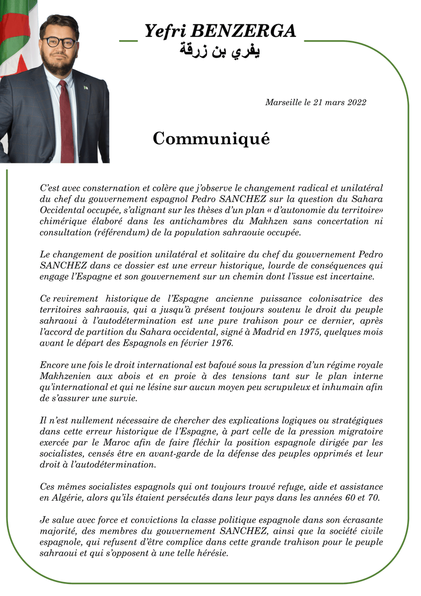 YefriBenzerga's tweet photo. Ma réaction suite au positionnement du gouvernement 🇪🇸Espagnol🇪🇸 concernant le 🇪🇭Sahara Occidental🇪🇭. https://t.co/epOLRTJA2S