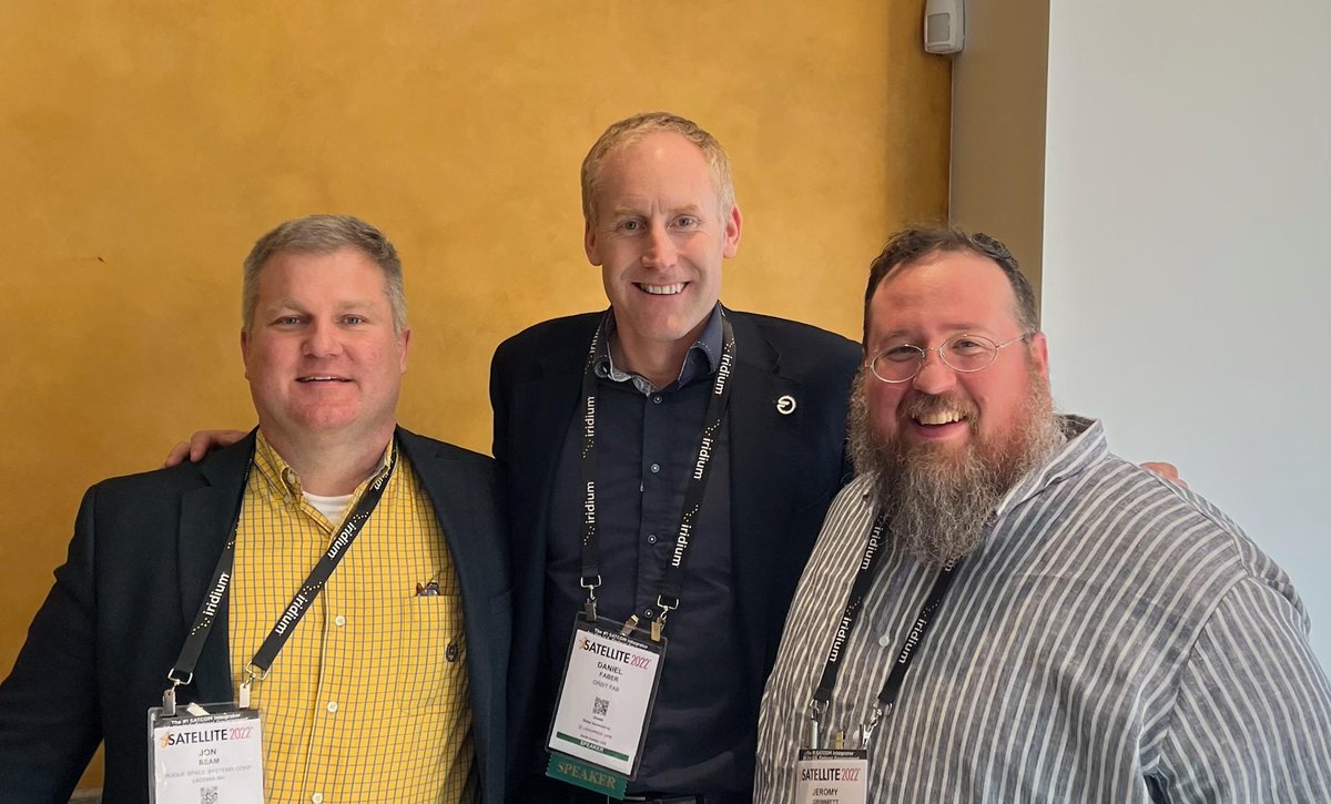 RogueSpaceCorp's tweet photo. Wonderful to see our latest in-space services ecosystem partner, @OrbitFab, at @SATELLITEDC! We are looking forward to doing some really special things together!

Pictured from L to R: Jon Beam - COO of Rogue, @_DanielFaber_  CEO of Orbit Fab, and @jeromybgrimmett - CEO of Rogue. https://t.co/i3FL0pSXhV