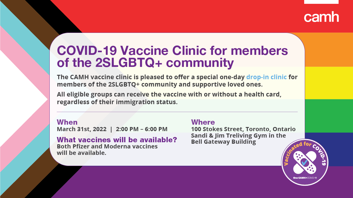 Our COVID-19 Vaccine Clinic will be holding a special one-day drop-in clinic for members of the 2SLGBTQ+ community on March 31 from 2:00 PM to 6:00 PM. No appointments are required! 

The clinic will be staffed by 2SLGBTQ+ inclusive and trauma-informed workers.  #TeamToronto