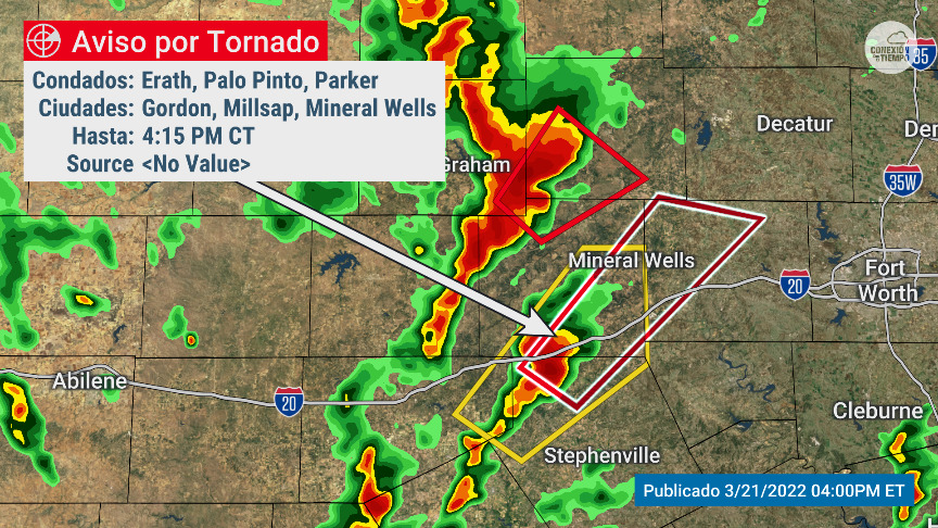 conexiontiempo's tweet photo. Aviso de #tornado hasta las 4:15 PM CT  #tormenta capaz de producir un tornado localizado cerca de #eGordon, #Texas a 21 millas al norte de #Stephenville moviéndose al NE a 55 MPH. Riesgo de granizo. Busque refugio ahora mismo. https://t.co/hgkc2HNbei