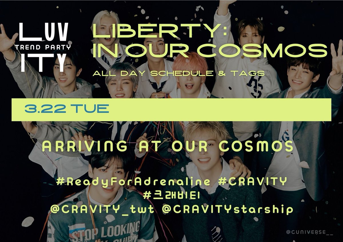CUniverse__'s tweet photo. 🎉ALL-DAY TAG PARTY🎉

HELLO LUVITY! Encouraging you to use our whole day tags in your ADRENALINE comeback related tweets so we can hype it together. That being said, DROP TAGS!

ARRIVING AT OUR COSMOS
#ReadyForAdrenaline
#CRAVITY #크래비티
@.CRAVITY_twt @.CRAVITYstarship https://t.co/fR2n6qu6cU