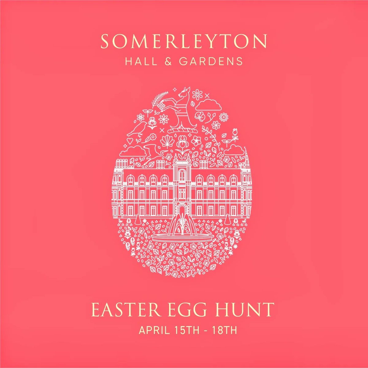 Somerleyton Garden’s Easter Egg Hunt is Back!
15th-18th April (10am - 4pm) 🐥🍫🐰🌸

Fun for all the family, come along to our beautiful Somerleyton Gardens to seek out eggs left by the Somerleyton bunny.
We look forward to seeing you.
Pre-booking required.