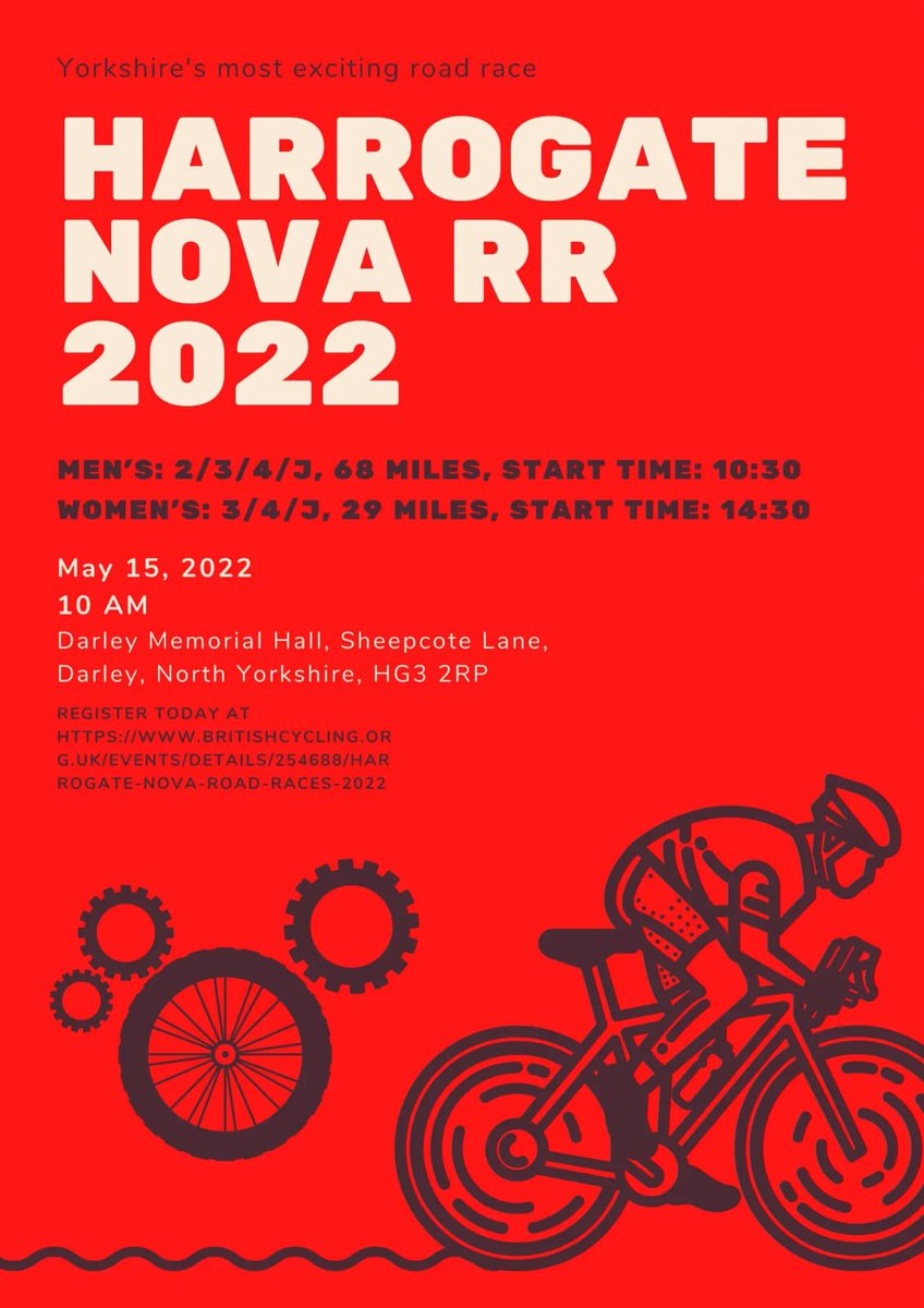 We have another #WomensCycling Regional B race (3/4 categories only) this time by <a href="/HarrogateNova/">Harrogate Nova</a> on 15 May. 
Entries: britishcycling.org.uk/events/details… 
Strava segment: strava.com/segments/69656…
Please share!