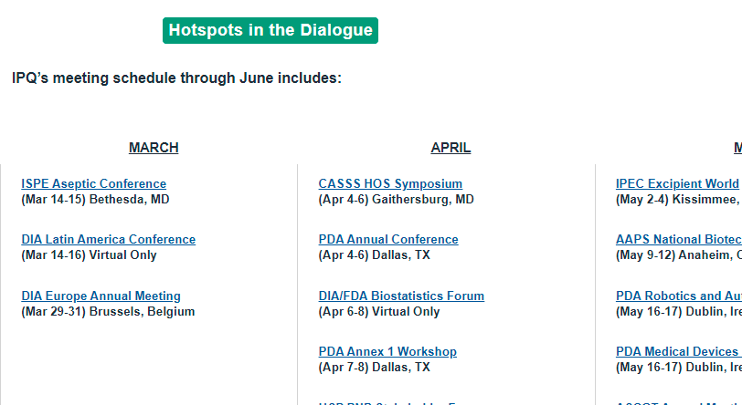 IPQ_Paulson's tweet photo. The global regulatory dialogue this week includes this hotspot:
DIA Europe Annual Meeting 3/29-31
Brussels, Belgium
Did you know that IPQ provides open access to our Hotspots calendar, with dates and linkouts to many of the key meetings &amp; events?
https://t.co/uOlB2WC8sY
#pharma https://t.co/BcXGwclpuV