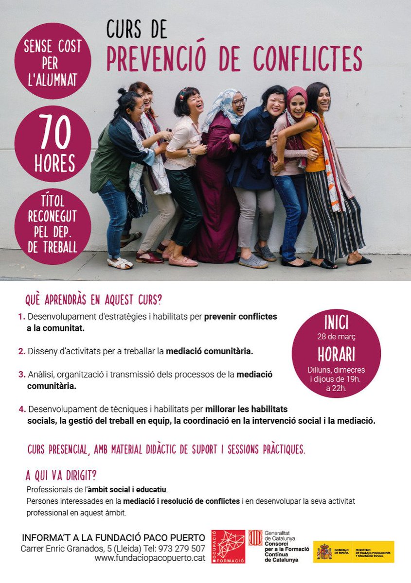 Ja s'ha iniciat el període d'inscripció del nou curs de Prevenció de Conflictes! Si us interessa, en aquest enllaç teniu tota la informació: fundaciopacopuerto.cat/curso/sscg0209…