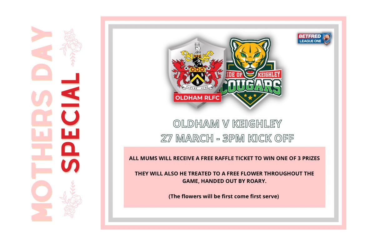 Good Evening all #OldhamHour

Come on down to watch <a href="/Roughyeds/">Oldham RLFC</a> v <a href="/Cougarmania/">Keighley Cougars</a> on Mothers Day!

Half price hospitality special &amp; a free prize draw for mums.

Free flowers inside the ground for mums also 🌼

🔴⚪️