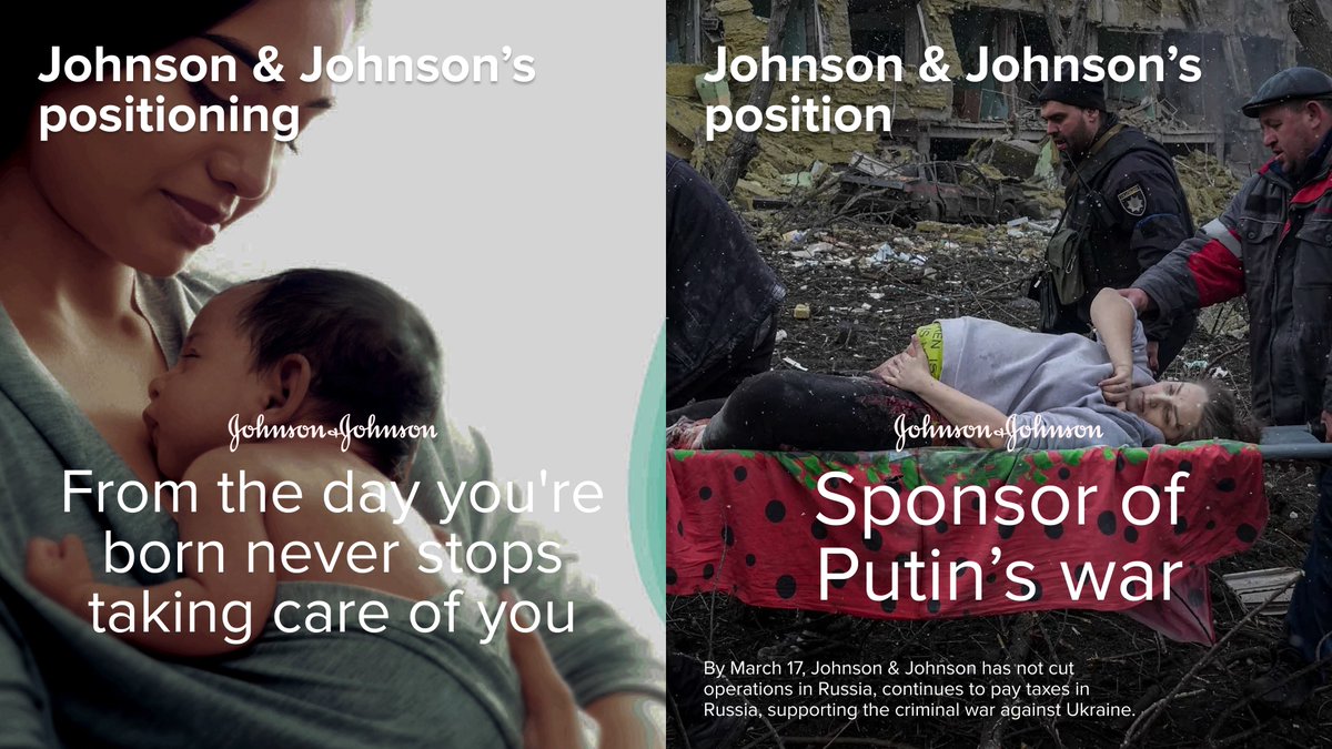 By refusing to pull out of Russia, Jonson &amp; Johnson chose to make blood profits. Their taxes allow Russian war machine to murder innocent Ukrainian men, women, children, and elderly. Johnson &amp; Johnson must change their minds. Do the right thing. Choose humanity, not war crimes.