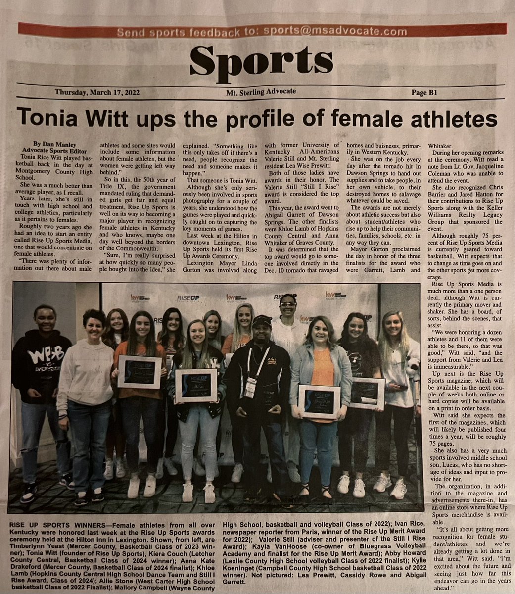 riseupsports1's tweet photo. Thank you Mt. Sterling Advocate for the write-up. The more we’re known the more we grow. Be sure to hit that follow button and share with the supporters of female athletes you know. https://t.co/Jtt3TCD1db