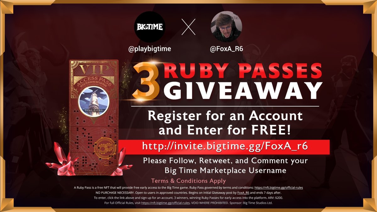 FoxA_R6's tweet photo. 🎊@FoxA_r6 x @playbigtime Giveaway🎊

🎉 Win 3 Ruby Passes! 🎉

No purchase necessary.

Follow 🗣
Retweet 🔁
Signup for Big Time Marketplace and comment your username below! 👇

https://t.co/W8bihY5zYJ https://t.co/0WgcqsBtLS