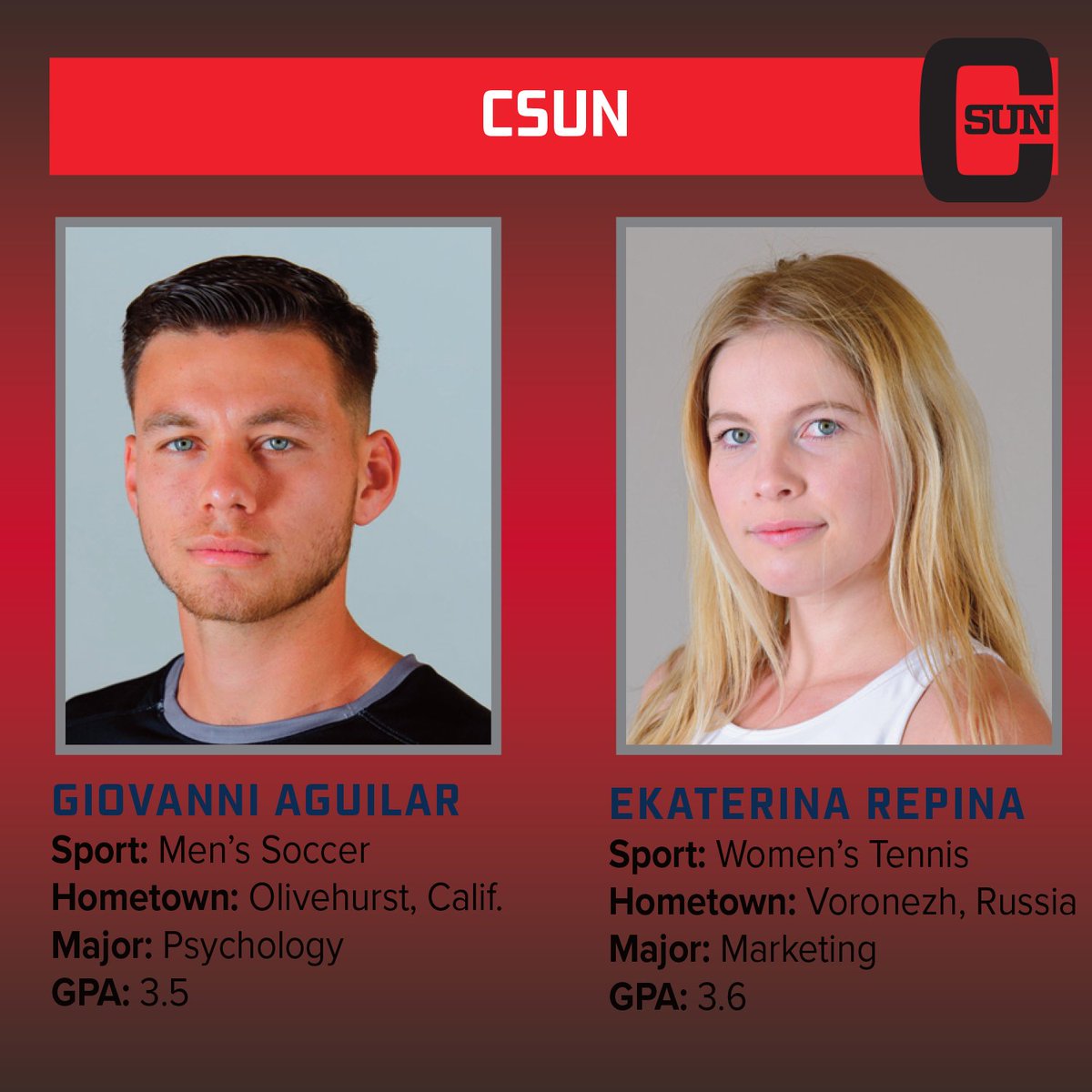 Congratulations to <a href="/GoMatadors/">CSUN Matadors</a>' selections for Scholar-Athlete of the Year, <a href="/CSUNMensSoccer/">CSUN Men's Soccer</a>'s Giovanni Aguilar &amp; Ekaterina Repina of <a href="/CSUNWTennis/">CSUN Women's Tennis</a> #OnlyTheBold >>>