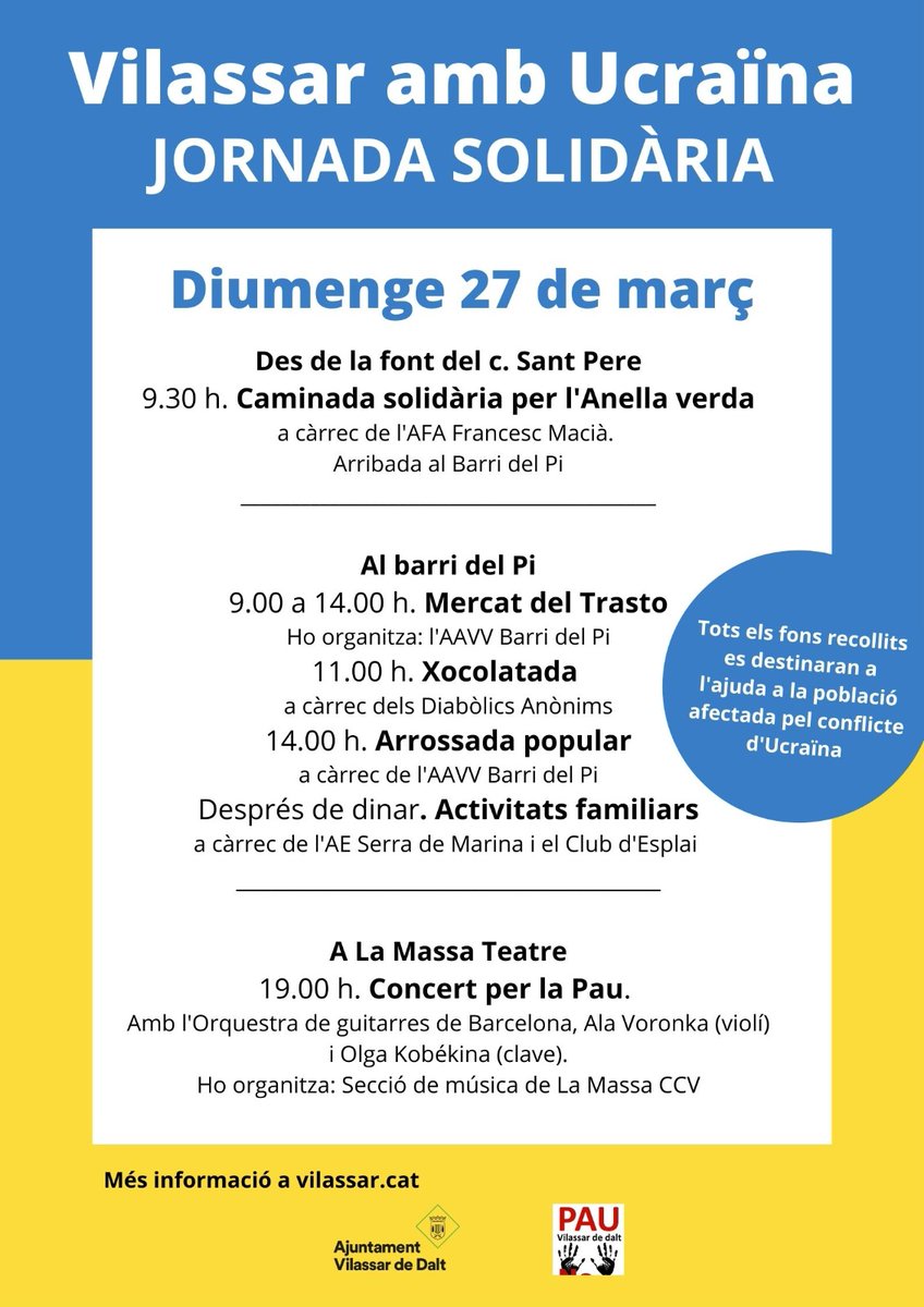 🟡🔵 Vilassar amb Ucraïna. Aquest diumente 27 de març, Jornada Solidària.

Diverses entitats del poble organitzen activitats per la Pau, en solidaritat amb el poble ucraïnès. 👇