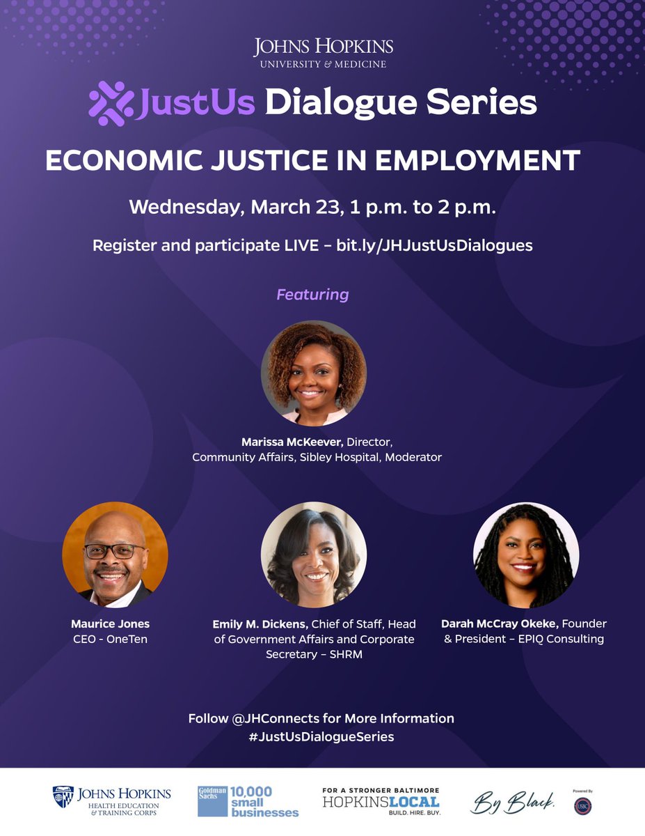 This Wednesday! Join this year's Just Us Dialogue Series! See business leaders, philanthropists, academic experts, and advocates discuss topics around the symposium’s central question in panels about Economic Justice in Employment! Register at bit.ly/JustUsRegistra…