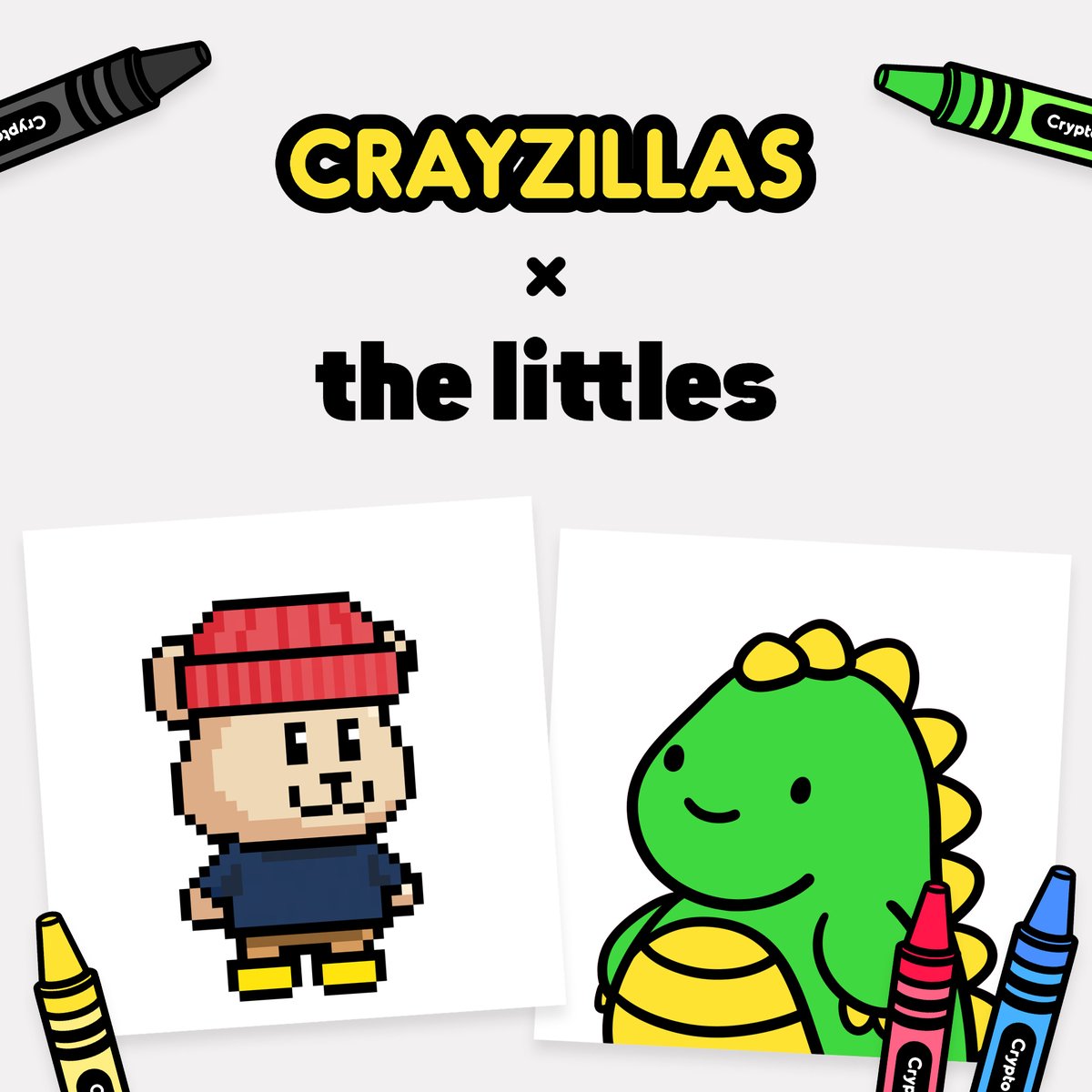 thelittlesnft's tweet photo. who likes to color?🖍️✋

@crayzillas are about to bring some color to Playside 
we have 5 waxlist spots to giveaway for @crayzillas 

let us know what's ur fave way to get ur creative juices flowing
add ur wallet address in ur reply

⏰contest ends: mar 22, 2:30pm PST https://t.co/KbHzuuACaL