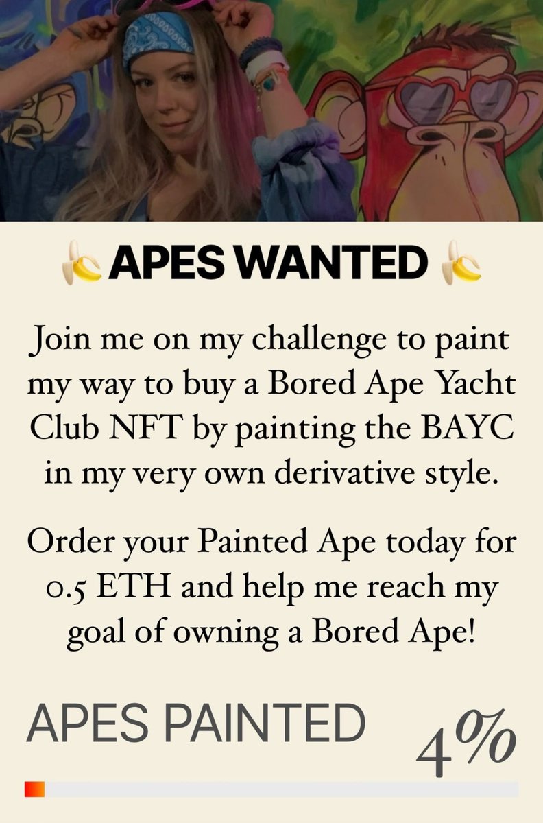 jesscawildchild's tweet photo. I’m painting my way to owning my own #BAYC this year 🤩🎨 Help me get there!🍌

Where my fellow apes at? 🙉 @BoredApeYC 

✨https://t.co/rQBauSTyut✨ https://t.co/uWgIi6ec6d