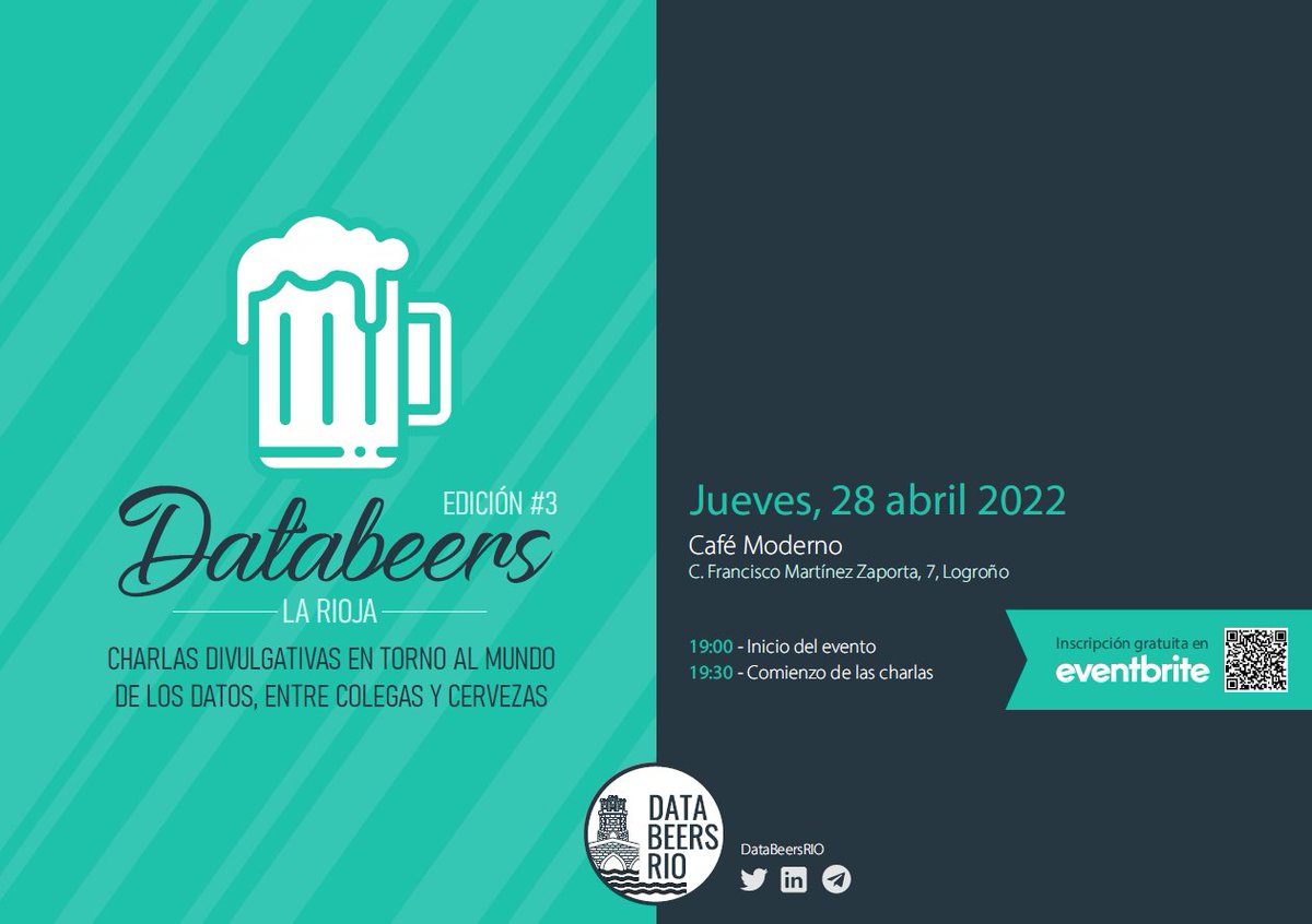 Hay fecha 28/4, hora 19h, cartel y 3 ponentes de 8 de la 3º Ed. del #DataBeers La #Rioja que se celebrará en el centro de la ciudad y gracias al apoyo del gran #CafeModerno. Las mejores charlas divulgativas sobre la importancia de los #datos.
Reserva tu 🎫eventbrite.es/e/entradas-dat…