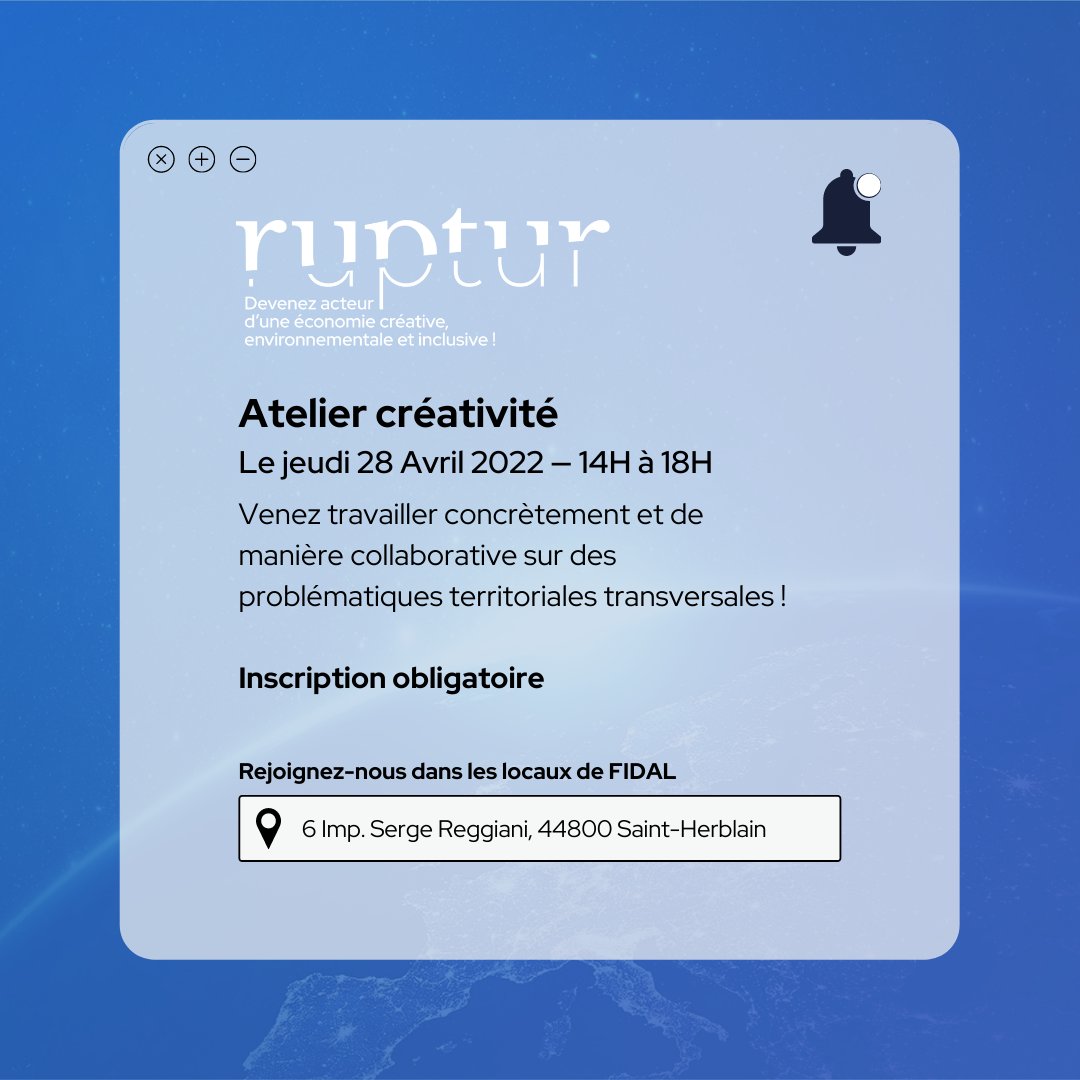 Ruptur organise un atelier créativité chantiers le 28 Avril 2022, chez <a href="/fidal/">fidal bassier</a> à Saint-Herblain (44) 📍

Vous aussi, vous voulez participer à la création de l'économie de demain, environnementale et inclusive.
🙌 Inscription à l'adresse suivante ▶️ bit.ly/36RA1a6