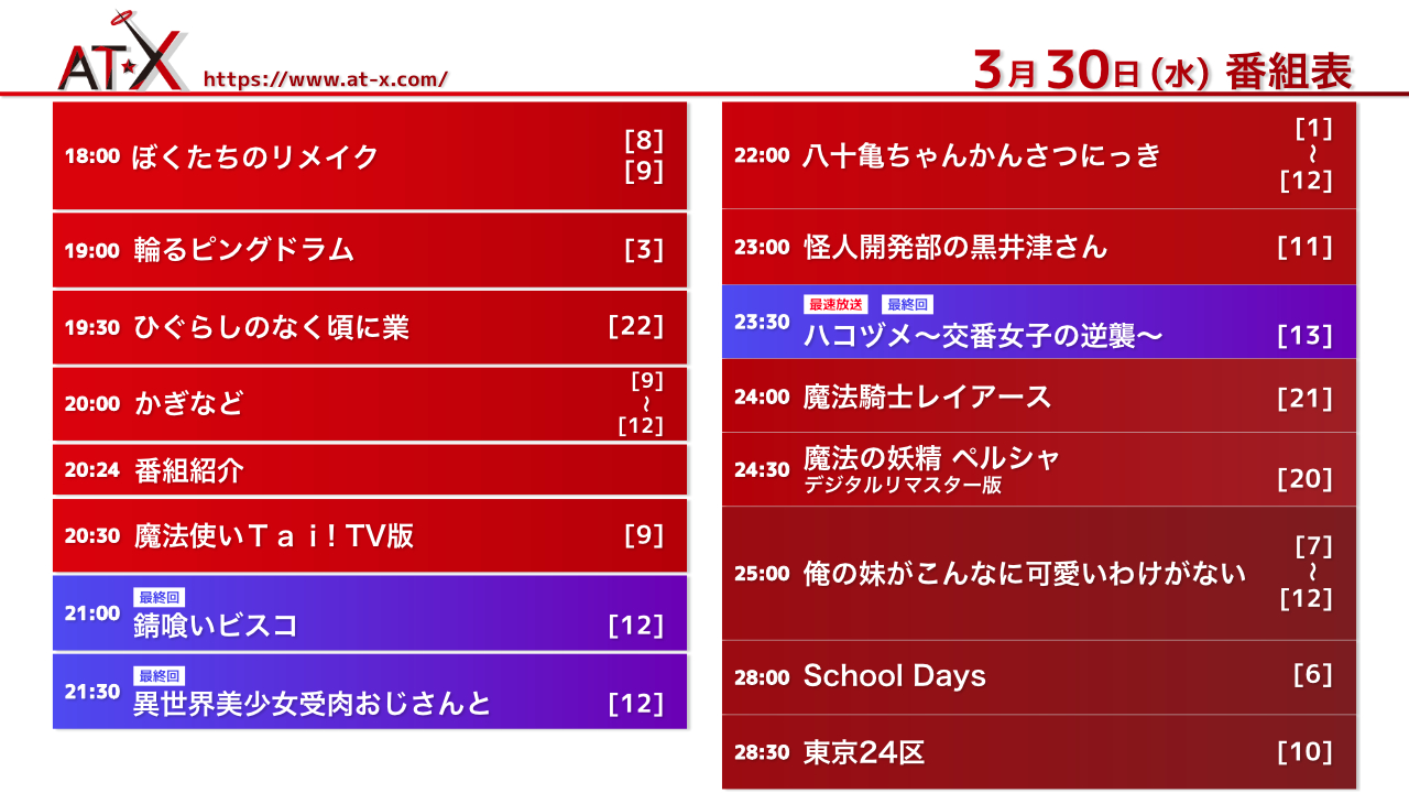 アニメシアターｘ At X 公式 こんばんは 明日 3 30 水 のオススメ放送情報をお知らせいたします 2話連続放送 18 00 ぼくたちのリメイク 一挙放送 22 00 八十亀ちゃんかんさつにっき At X 加入方法はこちら T Co Deskb0gyfq