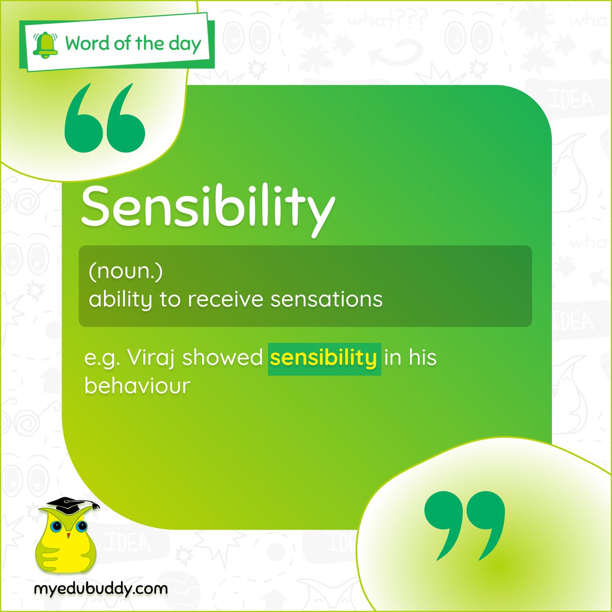 MyEduBuddy's tweet photo. Sensibility( noun ) : ability to receive sensation 

Synonyms : delicacy, understanding .

#myedubuddy #newpost #wordoftheday #wordsoftheday #wordfortoday #wordfortheday #sensibility #noun #verb #grammer #english #englishlessons #grammerly #dictionary https://t.co/sZXW9gr5VR