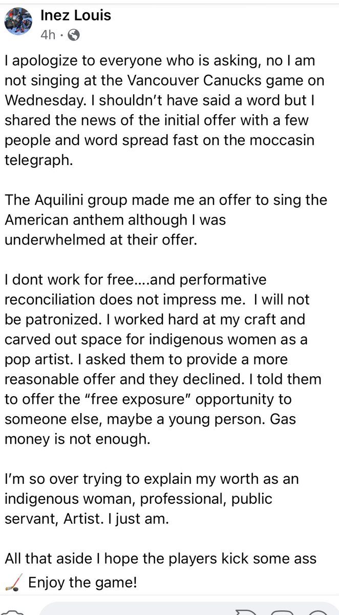 ShannonBaker's tweet photo. . @Canucks asking Indigenous people to perform for “Indigenous Peoples Night” for free is not honor or reconciliation. I was asked to make a video for the game. I am declining. I don’t want to set a precedent that Indigenous people have to work for free for “exposure”. https://t.co/eNpm7HqAl1