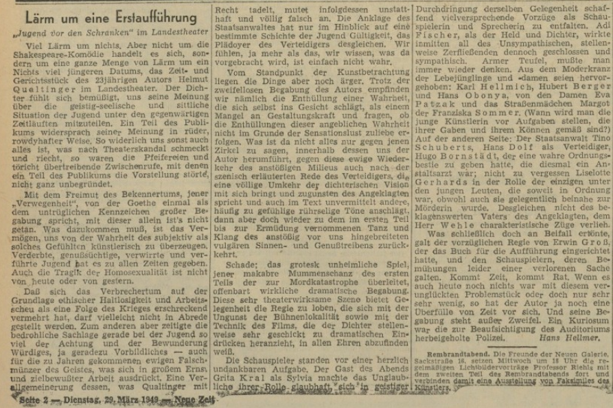 Chrisl7000's tweet photo. Heute vor 73 Jahren bespricht die Grazer Neue Zeit (29. März 1949) die Uraufführung von Helmut Qualtingers "Jugend vor den Schranken". Das Stück wird nach nur einer Vorstellung abgesetzt.
#Qualtinger #HelmutQualtinger #Graz #ZweiteRepublik

https://t.co/swrnlnXzp3 https://t.co/niPddqd1VR