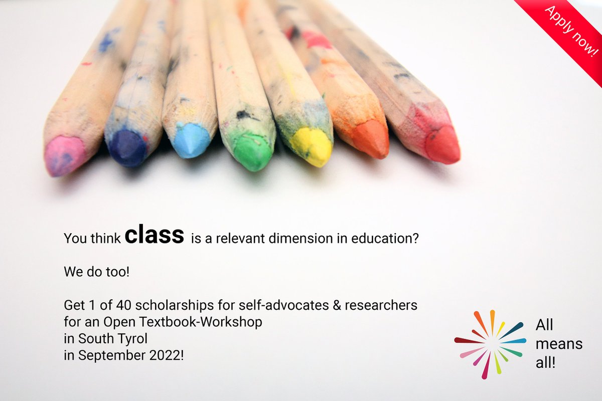 allmeansall_edu's tweet photo. Self-advocates/Researchers: Apply now for 1 of 40 scholarships for @Erasmus_Project Brixen (Italy) in 09-2022!
https://t.co/7zo9alnQb4
More:
https://t.co/Cs0cBgoeJm

Deadline: 15.4.22

1 #OpenTextbook for initial teacher training!

12 dimensions of diversity! 

Please RT or tag! https://t.co/eAlMEwQY17
