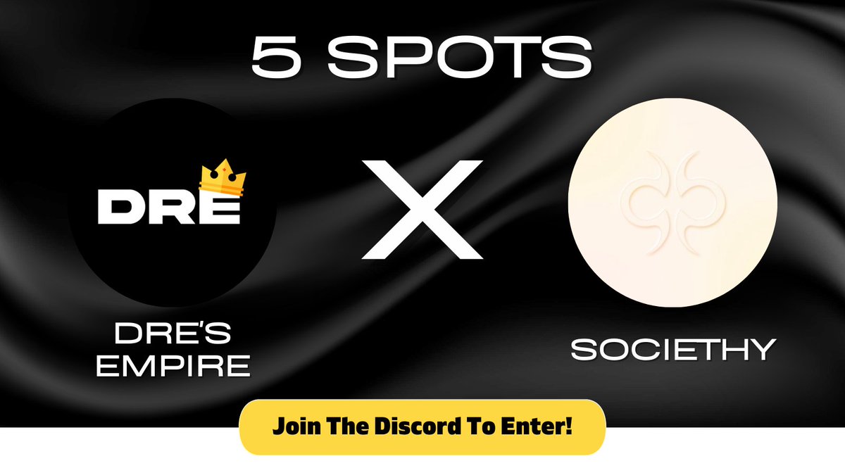 Dre's Empire x Soceithy 

<a href="/thesociethy/">Societhy</a> have given us 5x wl spots to give away on our discord: discord.gg/dresempire

How to enter:
1. Follow <a href="/thesociethy/">Societhy</a>, <a href="/Dres_Empire/">Dre</a> and <a href="/CryptoJaks87/">Saad Jaoui</a> 
2. Like, RT and Tag 3 friends
3. Join the discord above

Ends in 24 hours!!