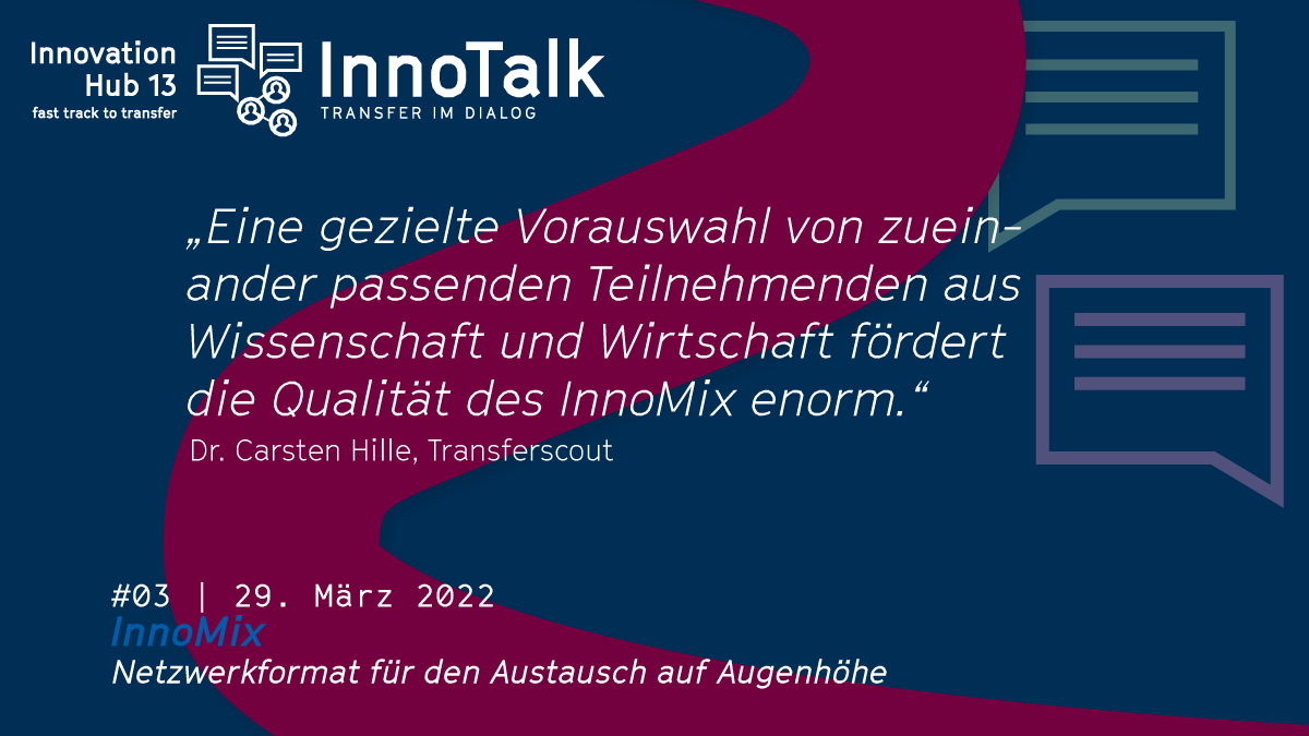 innohub13's tweet photo. Austausch auf Augenhöhe! In der aktuellen 3. Veranstaltung von "InnoTalk – Transfer im Dialog" geht es um das Netzwerkformat #InnoMix.
➡️Infos zur Reihe + den einzelnen Themen: https://t.co/Nx12ZLKQKo
#innotalk #transfer #wtt #innovativehochschule https://t.co/0IFfo9mS2q