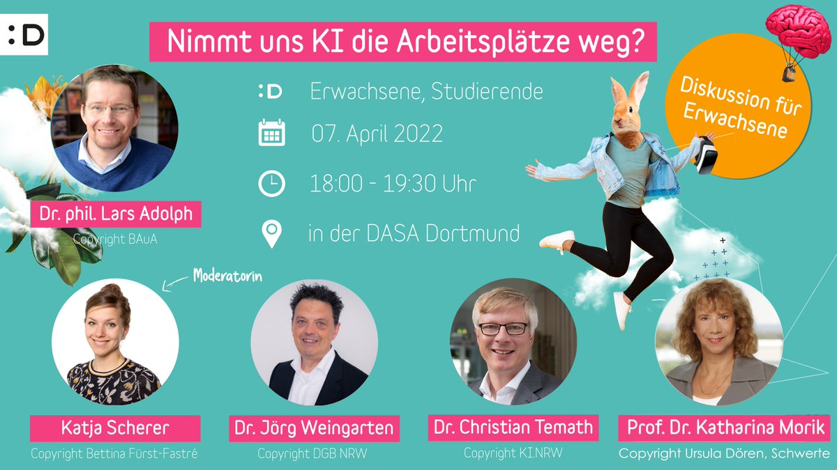 Will #AI take away our #jobs? Together with #ML2R co-speaker @KatharinaJutta Morik (@TU_Dortmund), experts from @_KINRW, @DGBNRW and @baua_de will address this question in a discussion format. 🗓️ 7 April, 6 - 7.30 p.m. CEST 📌 @dasa_dortmund ℹ️ dasa-dortmund.de/angebot?tx_das…