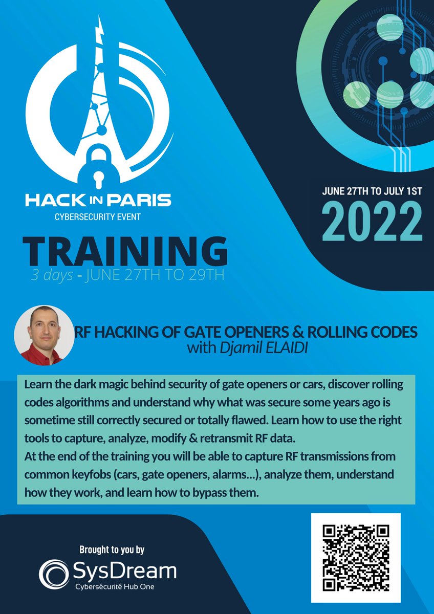 hackinparis's tweet image. [Training focus] #HIP22 Want to learn more about gate openers with @trollwookiee 's training "RF HACKING OF GATE OPENERS &amp;amp; ROLLING CODES" at Hack In Paris 2022 then grab your seat now 🎫➡️hackinparis.com/trainings/#tra…

#CyberSecurity #event #infosec #Training  #RFhacking
