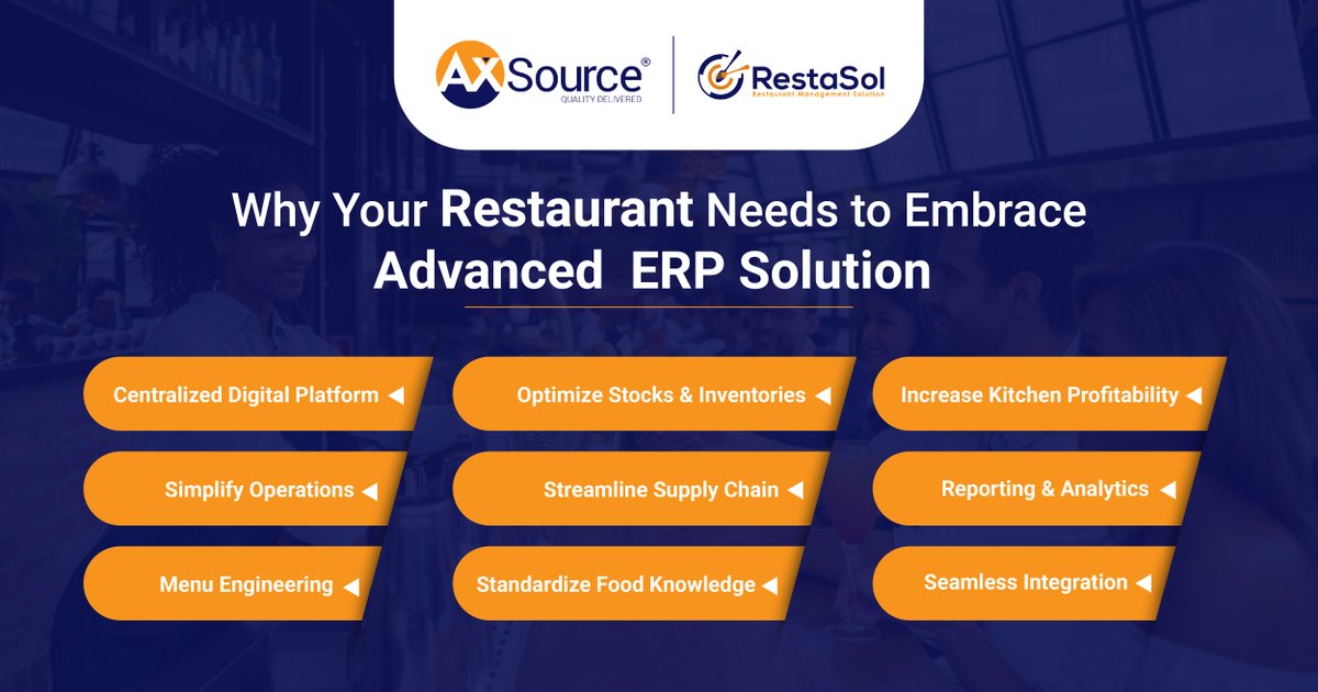 axsource's tweet photo. Serve your customers better while modernizing your restaurant operations and increasing the productivity of your restaurant with our advanced RestaSol™ ERP solution.
https://t.co/h3WhLFCkyq
#restaurantsolution #restaurantsoftware #erp https://t.co/O1x7SohAsl