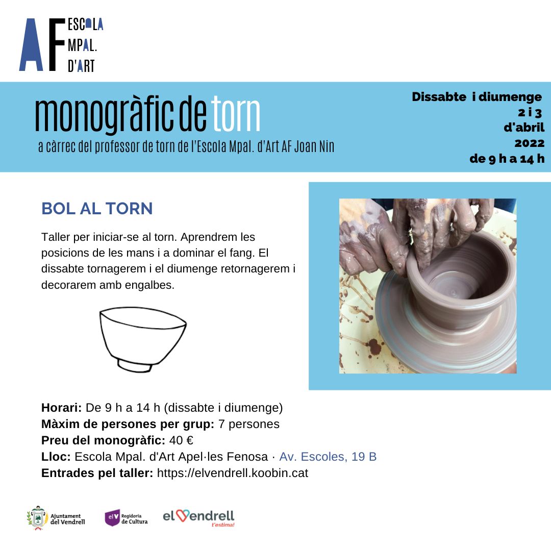 escoladartAF's tweet photo. Vols fer de torner? 
Apunta't al taller "Bol al torn" aprendràs a tornejar, retornejar i engalbar. 
Vine aquest cap de setmana a iniciar-te al torn!
ENTRADES: https://t.co/8cq1YqSium

#ElVendrell #EstimemLaCultura 
@elvendrell_cat @CulturaVendrell https://t.co/HgZx55uLJi