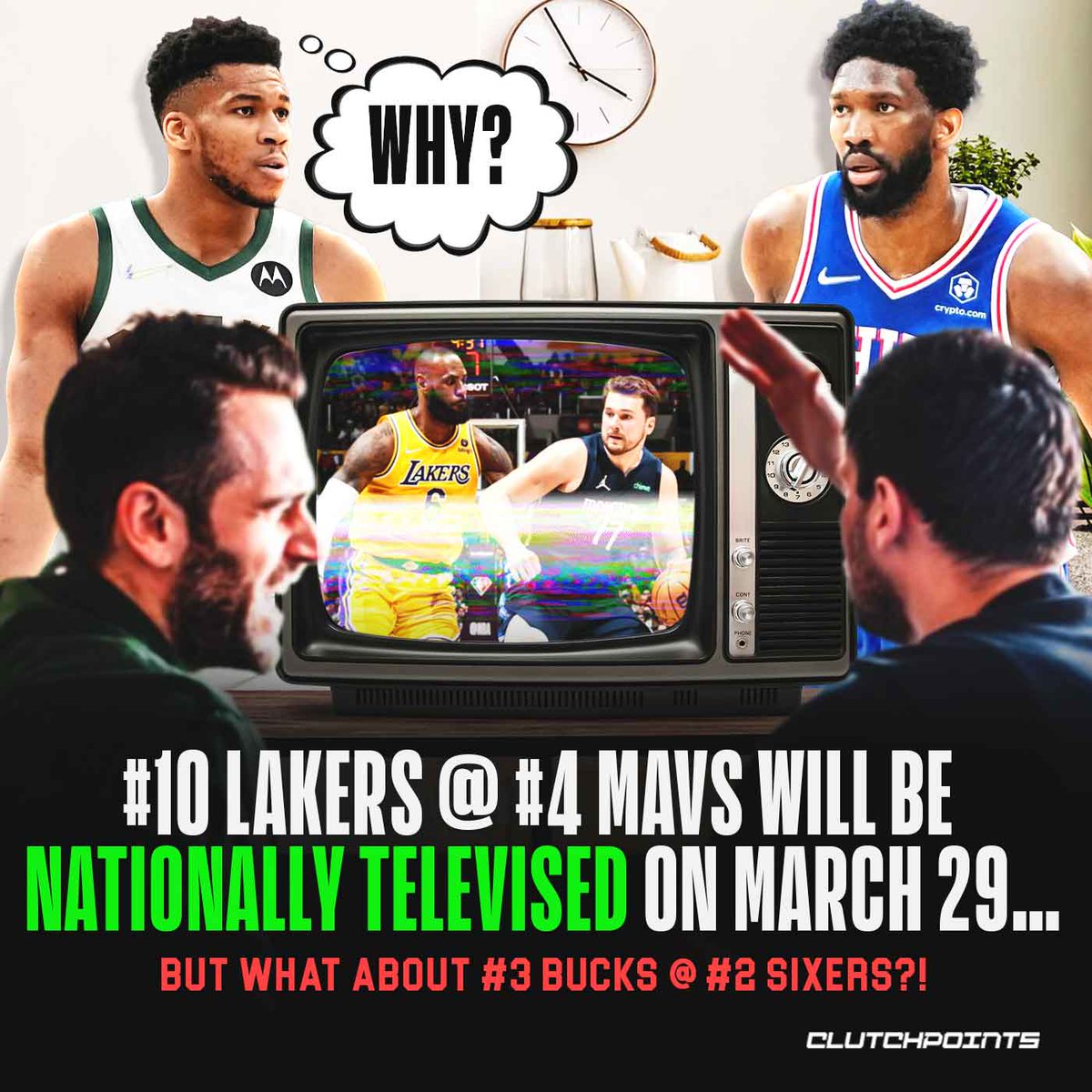 ClutchPoints's tweet photo. Whoever regulates the NBA’s national TV schedule really messed this up. MVP frontrunners
Giannis Antetokounmpo and Joel Embiid going head-to-head is must-see basketball 💯
 
But it’s the sloppy Lakers in the spotlight, and they’ll likely be without LeBron James and Anthony Davis. https://t.co/b5dJsEdAUP