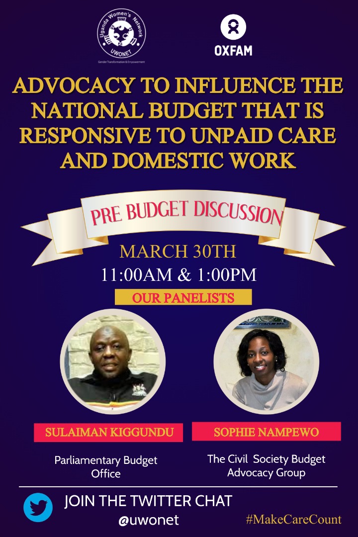 Much as care work is important for the development of a community, Unpaid Care Work impedes that progress.Join Dr.Sulaiman Kiggundu & Sophie Nampewo on Wednesday 30th March 2022 as they highlight the gaps for addressing #UCDW & make recommendations for gender sensitive financing.