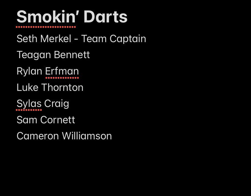 nerf_lbg's tweet photo. roster for Smokin’ Darts https://t.co/DWJNSE8lsz
