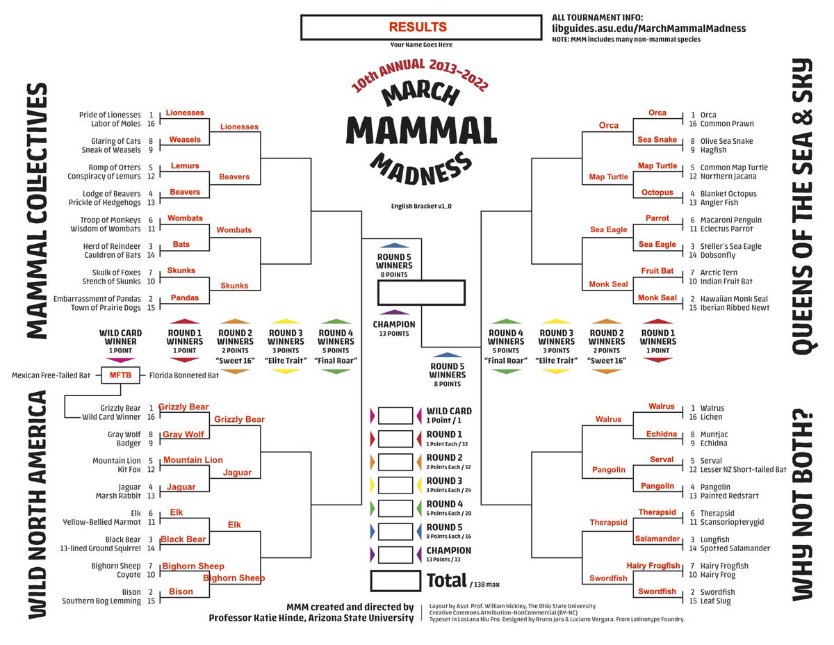 MMMletsgo's tweet photo. #2022MMM winners are Lionesses, Beavers, Wombats, Skunks, Grizzly Bear, Jaguar, Elk, and Bighorn Sheep. Join us on Wed. March 30 at 8 pm eastern for the Sweet 16! https://t.co/LEuVsmTLJJ