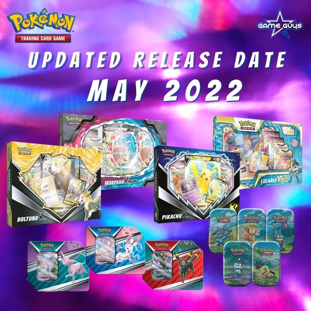 GameGuysAu's tweet photo. PSA: Unfortunately due to global supply chain issues and Covid, Pokèmon have delayed these items until Mid May (originally meant to be released in March) in Australia. Thank you for your patience and understanding. https://t.co/3Am9XjDOdX