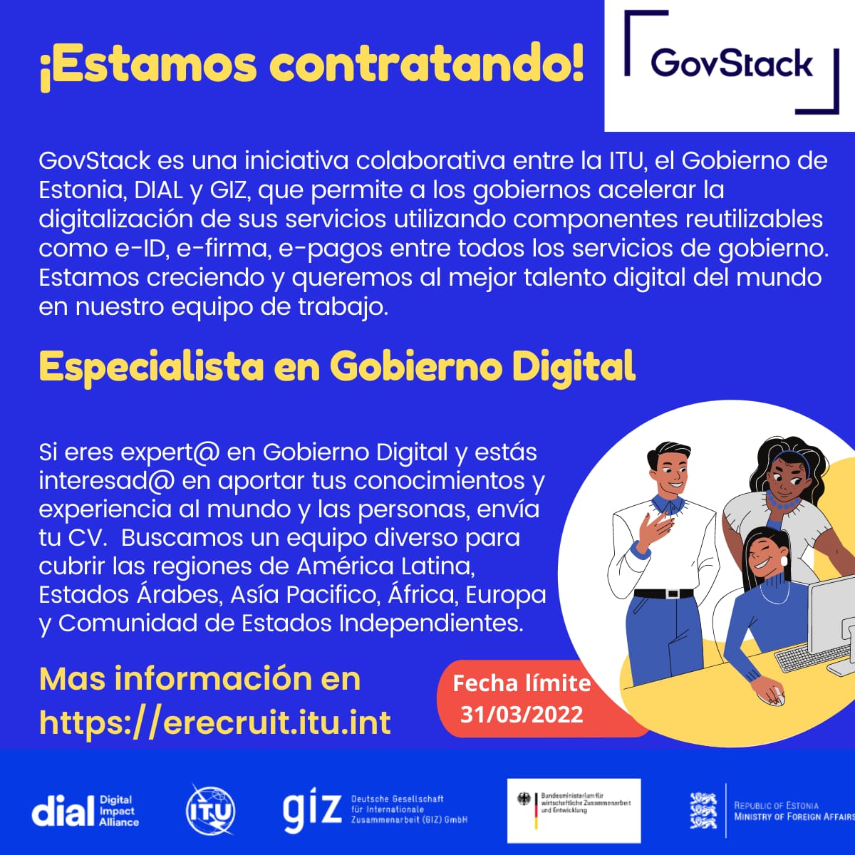 yolamtzm's tweet photo. ¡El equipo @GovStackGlobal está creciendo @ITUDevelopment! Intégrate al equipo y ayúdanos a acelerar la digitalización de los servicios gubernamentales. Buscamos Especialistas en Gobierno Digital https://t.co/AABIq8Q96B

Mujeres con este perfil las invito ampliamente a aplicar. https://t.co/BTcb6Urqk1