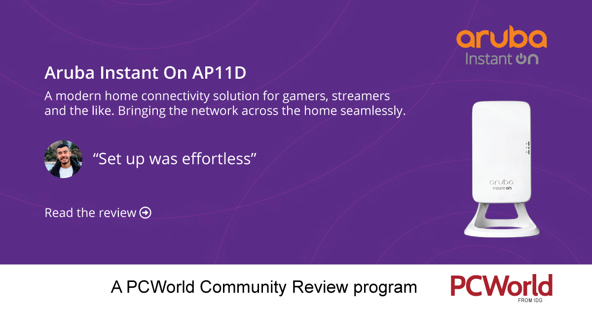 PCWorldAu's tweet photo. Bringing a mesh network experience to the home with effortless setup. See the PCWorld community review on the Aruba Instant On AP11D access point tested by a gamer at home. #aruba #arubaap11d #accesspoints 
https://t.co/UXHrEU4VFG https://t.co/x5eMPy6ZT4