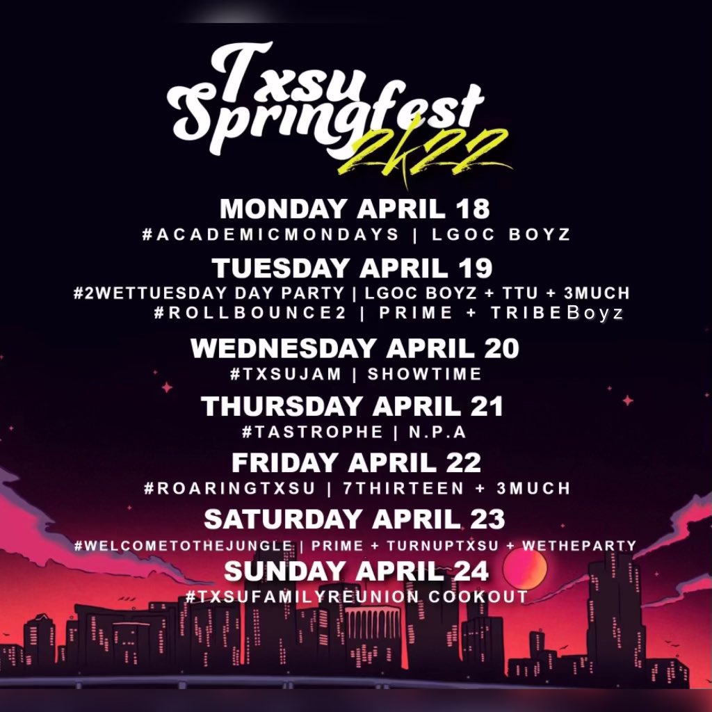3muchproduction's tweet photo. April 22nd — THE MOST MEMORABLE 😵‍💫‼️

#RoaringTxSu Ranch Party 6pm-2am 🎬🎬 2 parties in 1 🤯
#RoaringTxsu Bringing The Vibes People Fly Out For 🤯🔥

Presales will be on sale soon be on the look out ❗️❗️ 

#TxSUSpringFest2K22 #TxSUWeOutside 🐯 #TxSU25 #TxSU24 #TxSU23  #TXSU https://t.co/WlFkf0pvvg