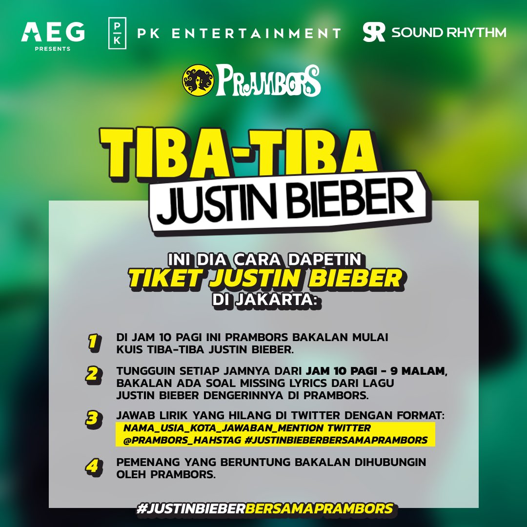 Prambors's tweet photo. [CUMA HARI INI LOH!!!]
Yang dari kemaren DM-DM Mimin, awas kalo sampe nggak ikutan ya😛😌

Hai yang lagi nungguin penjualan tiket Justin Bieber "Justice World Tour" di Jakarta, masa sih nggak mau tiket gratis dari Prambors??

Buruan cek slide kedua!

#JustinBieberBersamaPrambors https://t.co/1X6LYUeadW