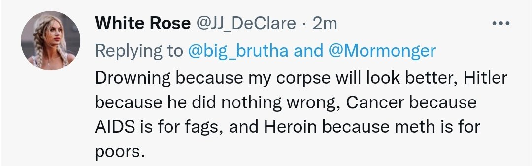 SamParkerSenate's tweet photo. @big_brutha @JJ_DeClare @Mormonger @JJ_DeClare responded with the following (attached screenshot) but was immediately hit with a 7-day suspension. I'm reposting it in her honor. May she rest in peace.
#BasedQueen #BigTechTyranny https://t.co/A3tosYTv5u