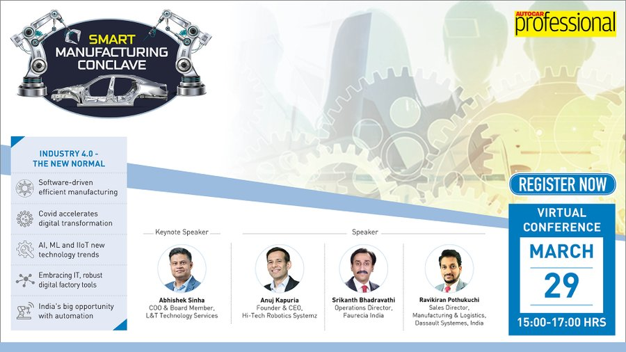 Autocar Professional's Smart Manufacturing Conclave  is scheduled in just a few hours. Tune in for a detailed insight on Industry 4.0 - The New Normal. 
If you haven't already, register now @ bit.ly/3uamkep