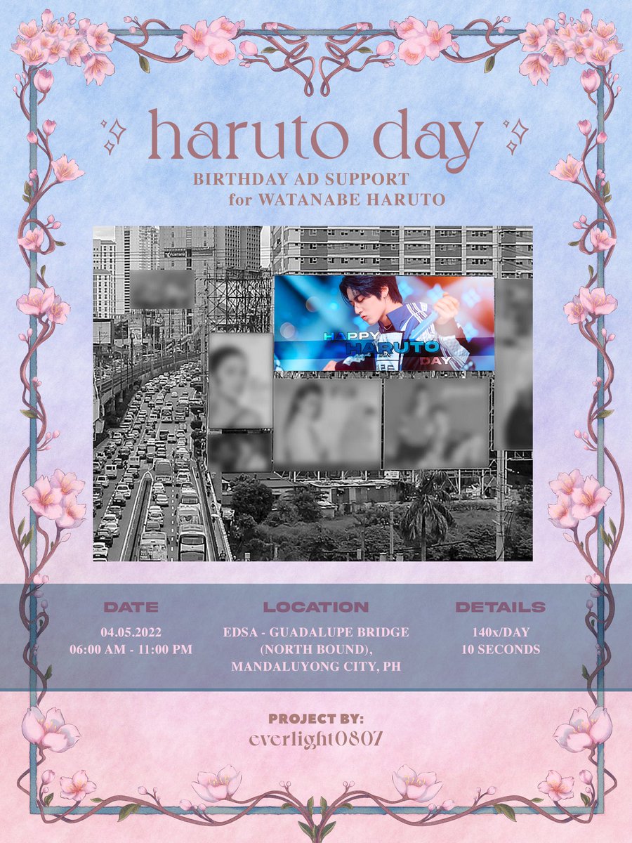everlight0807's tweet photo. 🦋🌸 HARUTO DAY🌸🦋
LED Ad Support for #渡辺春虎 18th BDAY 🎉 

- 𝗟𝗼𝗰𝗮𝘁𝗶𝗼𝗻 𝟭 - 

📍 EDSA Guadalupe, Manila, PH 🇵🇭 
🗓 04.05.2022
⏰ 0600~2300
Airs every 7 minutes for 140x

Tag us when you see it 🙇🏻‍♀️ 

#HappyHarutoDay #하루토 #트레저하루토 @treasuremembers https://t.co/mhV0JvvIt1